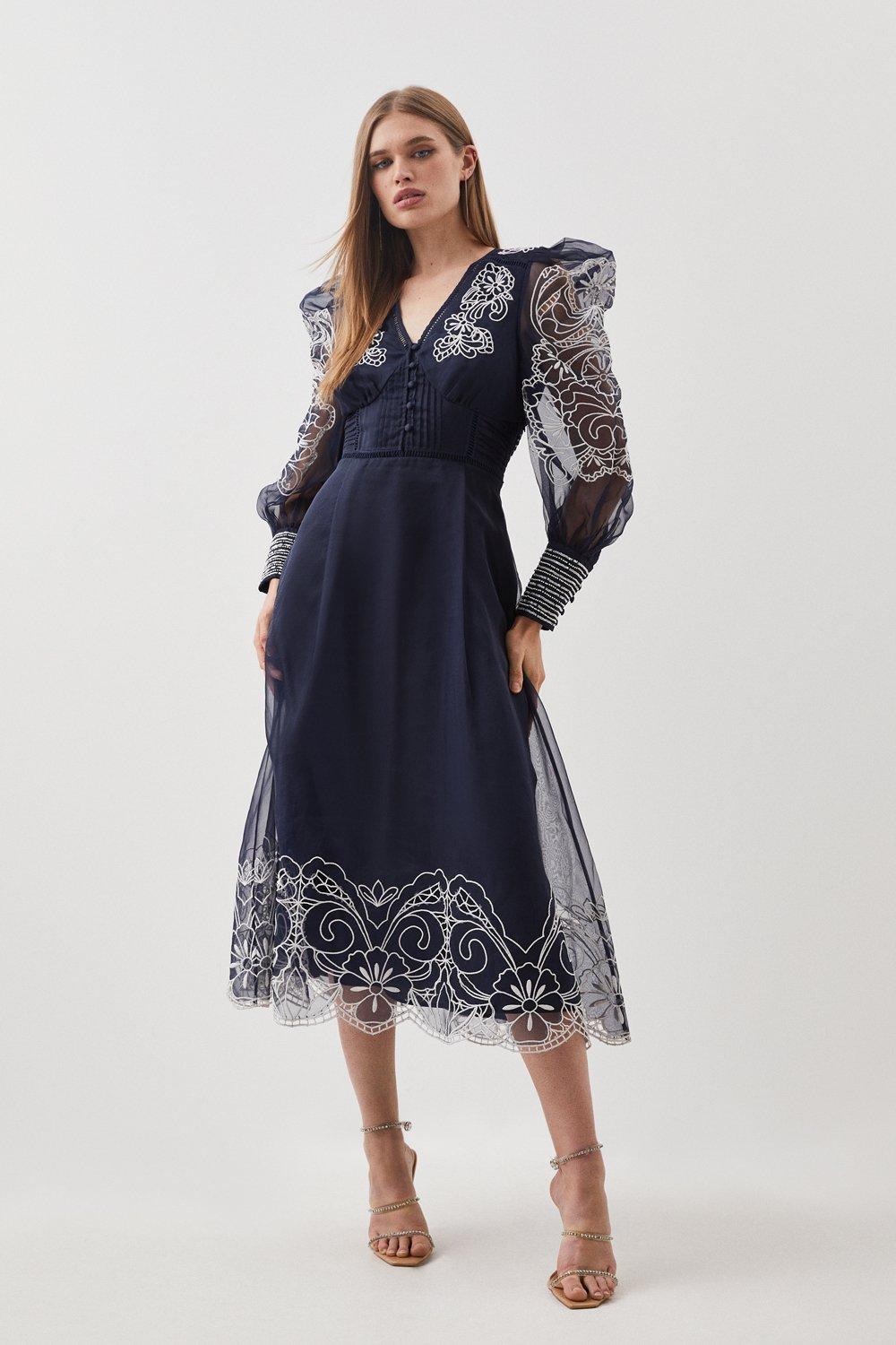 Botanical Embroidery Organdie Angel Sleeve Midi Dress