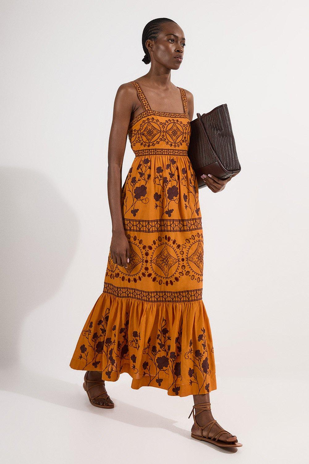 Cotton Woven Shirred Tiered Midi Dress | Karen Millen