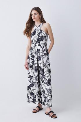 Compact Stretch Contrast Belted Jumpsuit