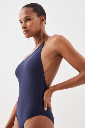 ASOS DESIGN asymmetric strappy one shoulder cut out swimsuit in