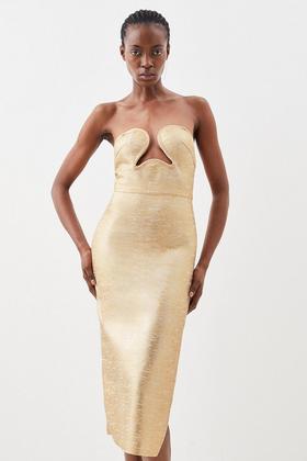 KAREN MILLEN Slinky Chainmail Diamante Draped Halter Maxi in Gold