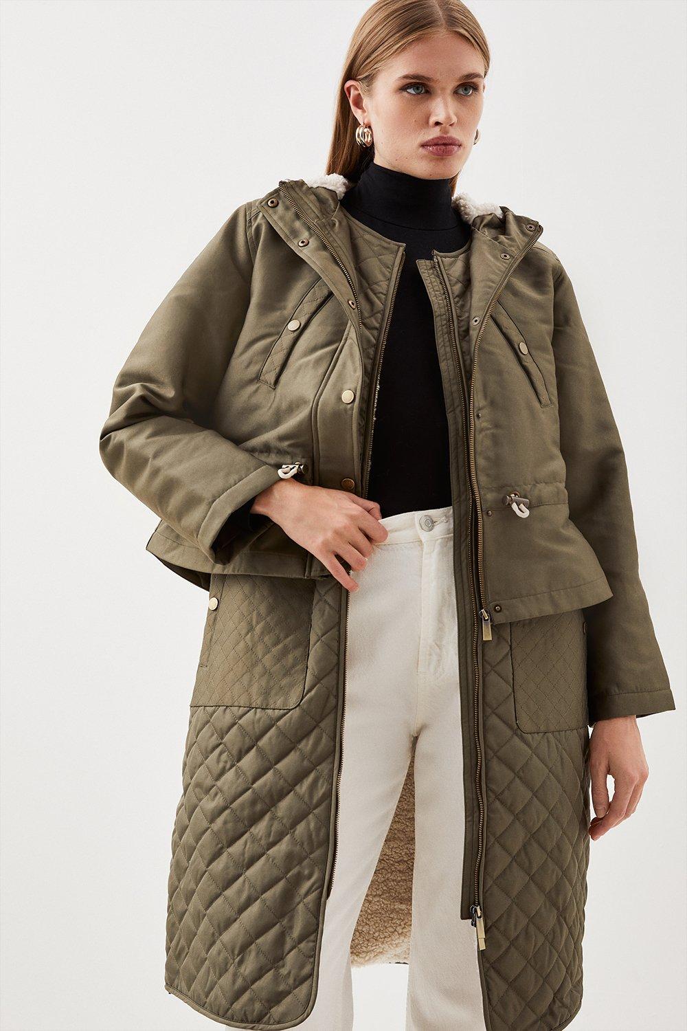 Khaki long sales quilted coat