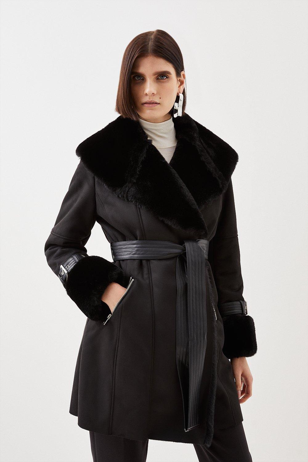 Karen millen black fur hot sale coat