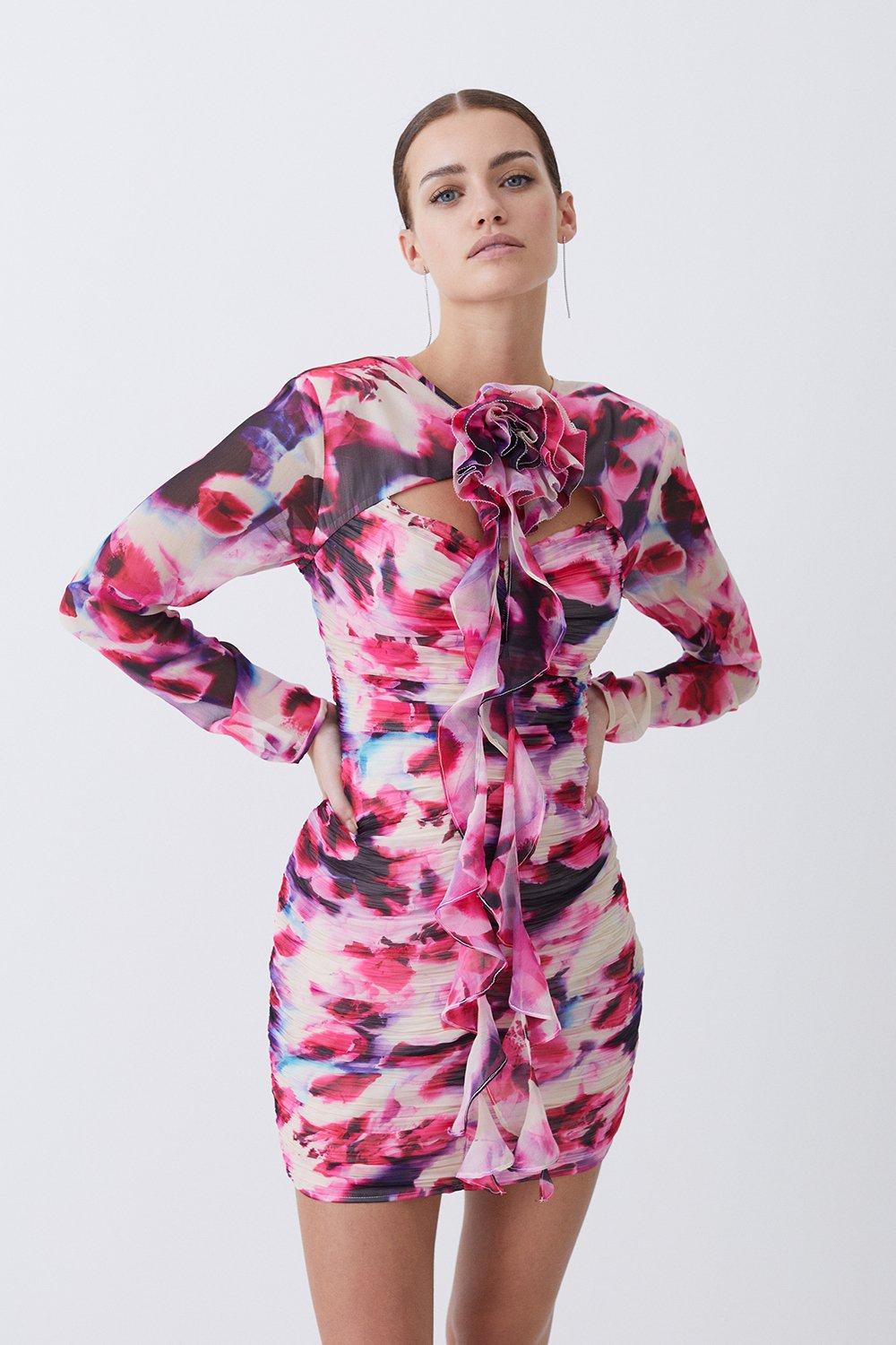 Petite Floral Tulle Plunge Woven Mini Dress | Karen Millen