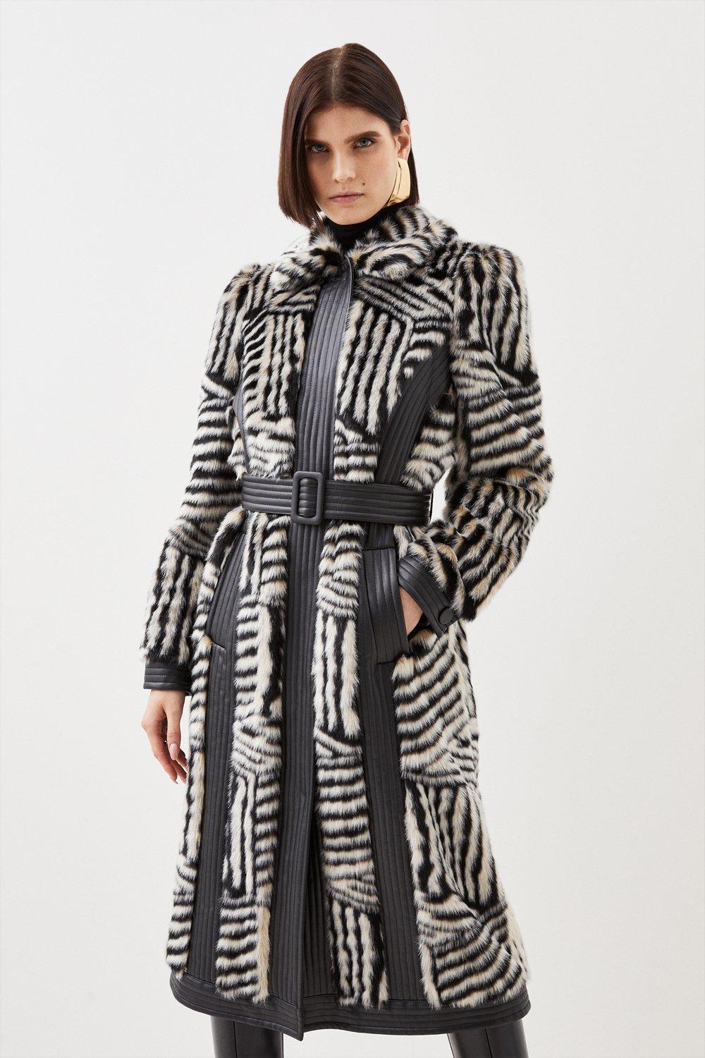 Tall Faux Shearling Collar & Cuff Belted Long Coat | Karen Millen