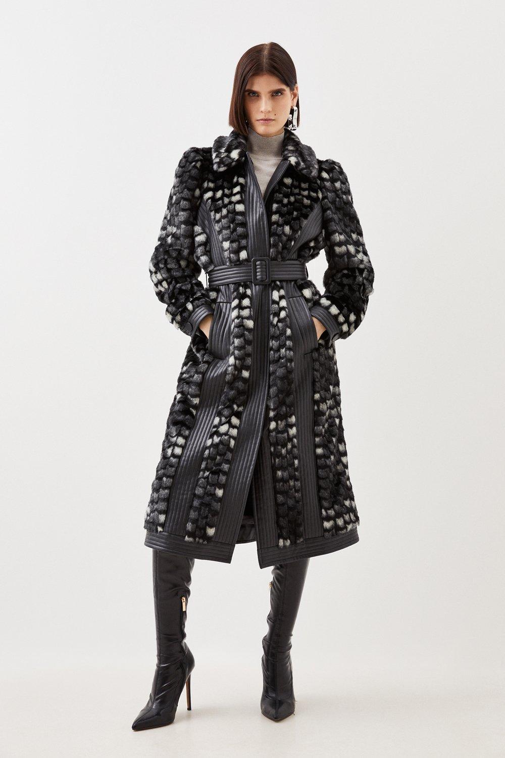 Mock Shearling Fur Cuff Belted Coat | Karen Millen