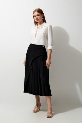 Tailored Corset Waist Striped Midi Skirt