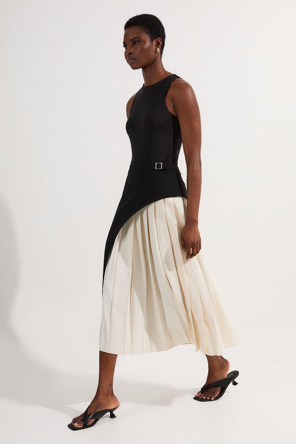 Ponte Button Contrast Piping Split Midi Skirt | Karen Millen