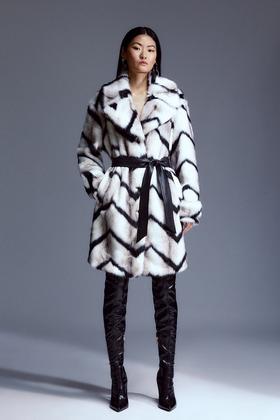 Plus Size Faux Fur Pu Panelled Stripe Belted Coat | Karen Millen