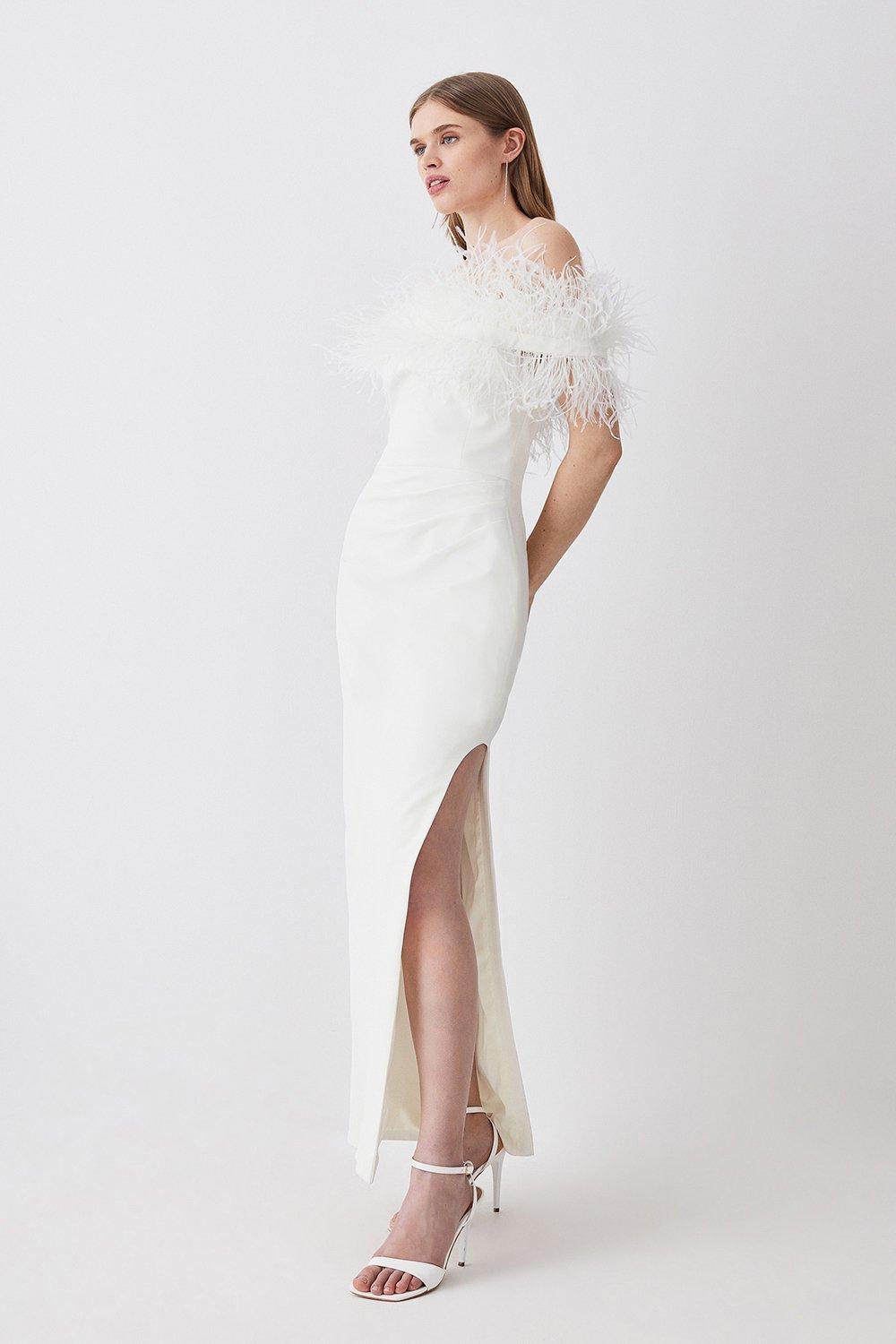 Plus Size Feather Off The Shoulder Stretch Crepe Maxi Dress
