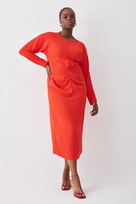 Plus Size Drapey Ruched Jersey Rosette Midi Dress