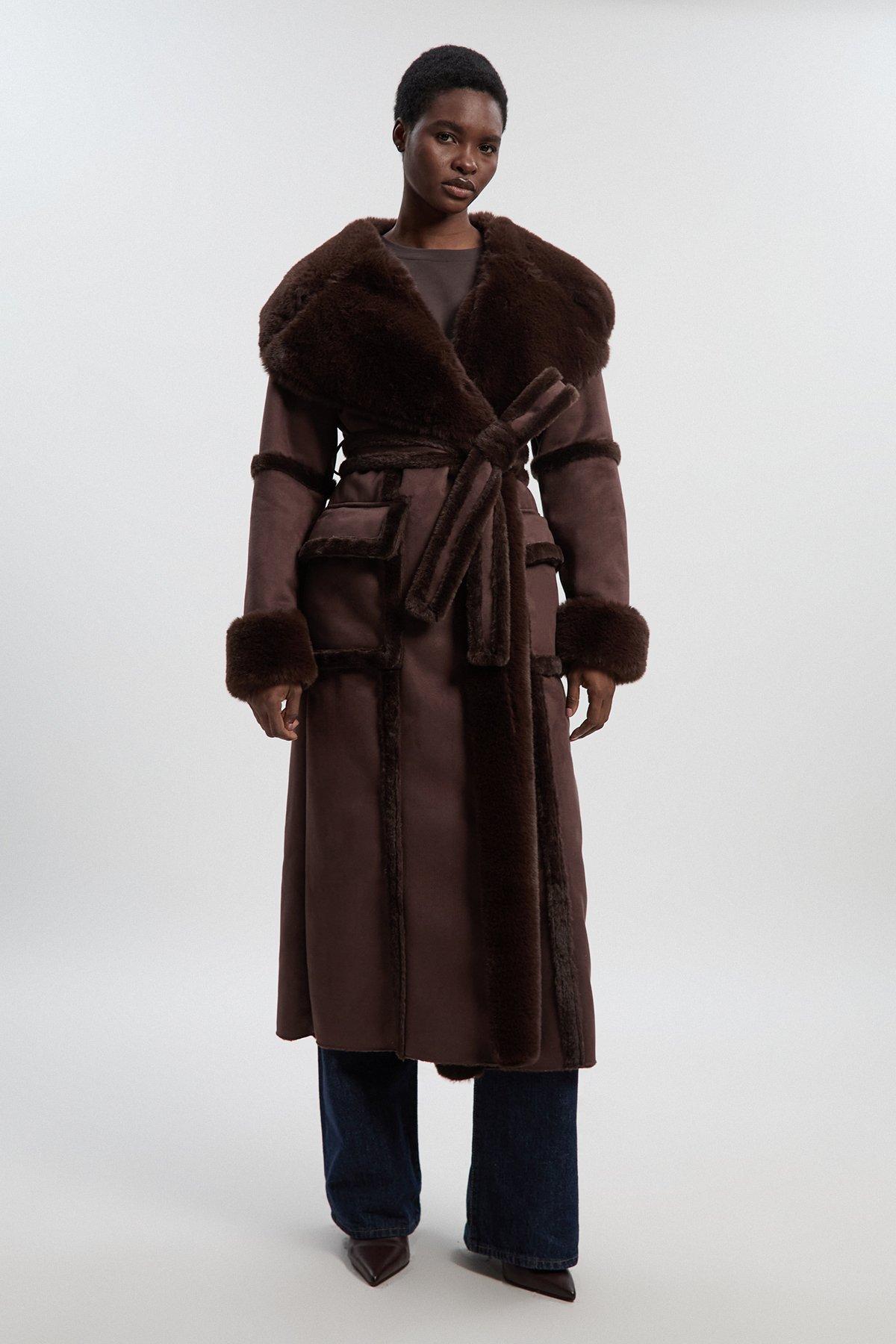 Plus Size Faux Shearling Collar & Cuff Tie Belt Maxi Coat