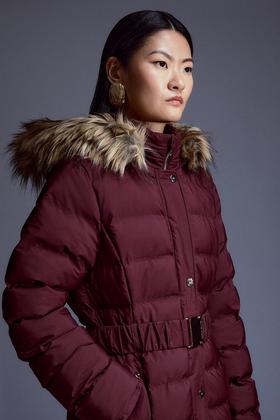 Belted Padded Faux Fur Hooded Coat
