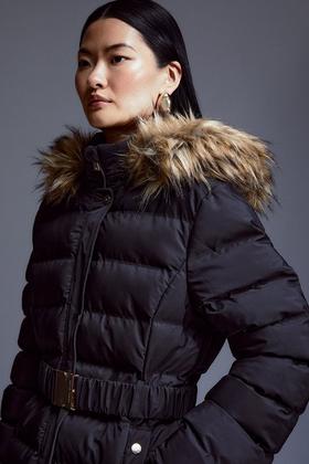 Faux Fur Lined Belted Puffer Coat