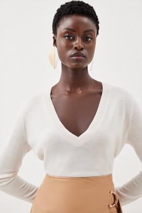 White Sweater In Wool With Deep V-neckline Woman