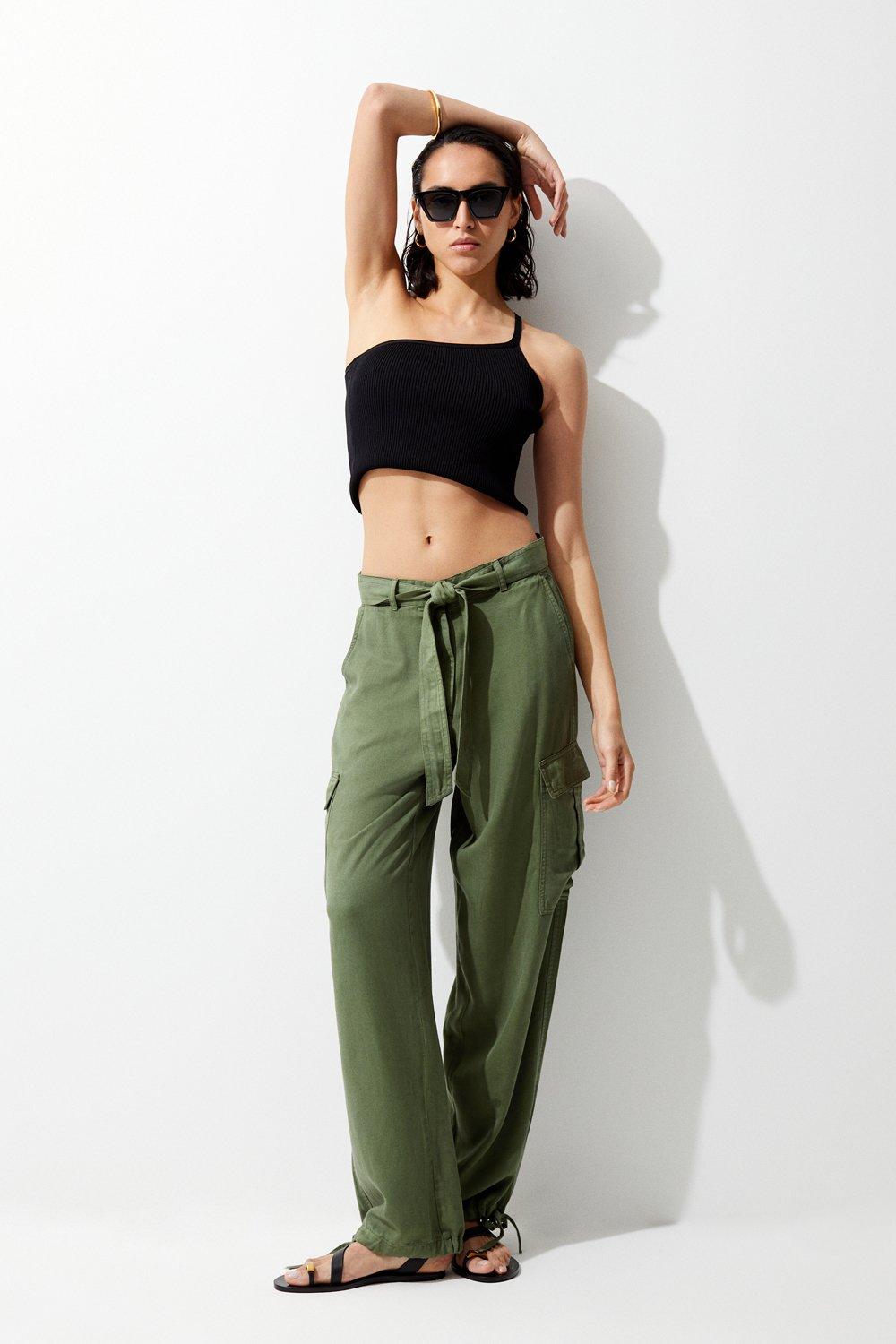 Twill Tab Waist Woven Wide Leg Pants | Karen Millen