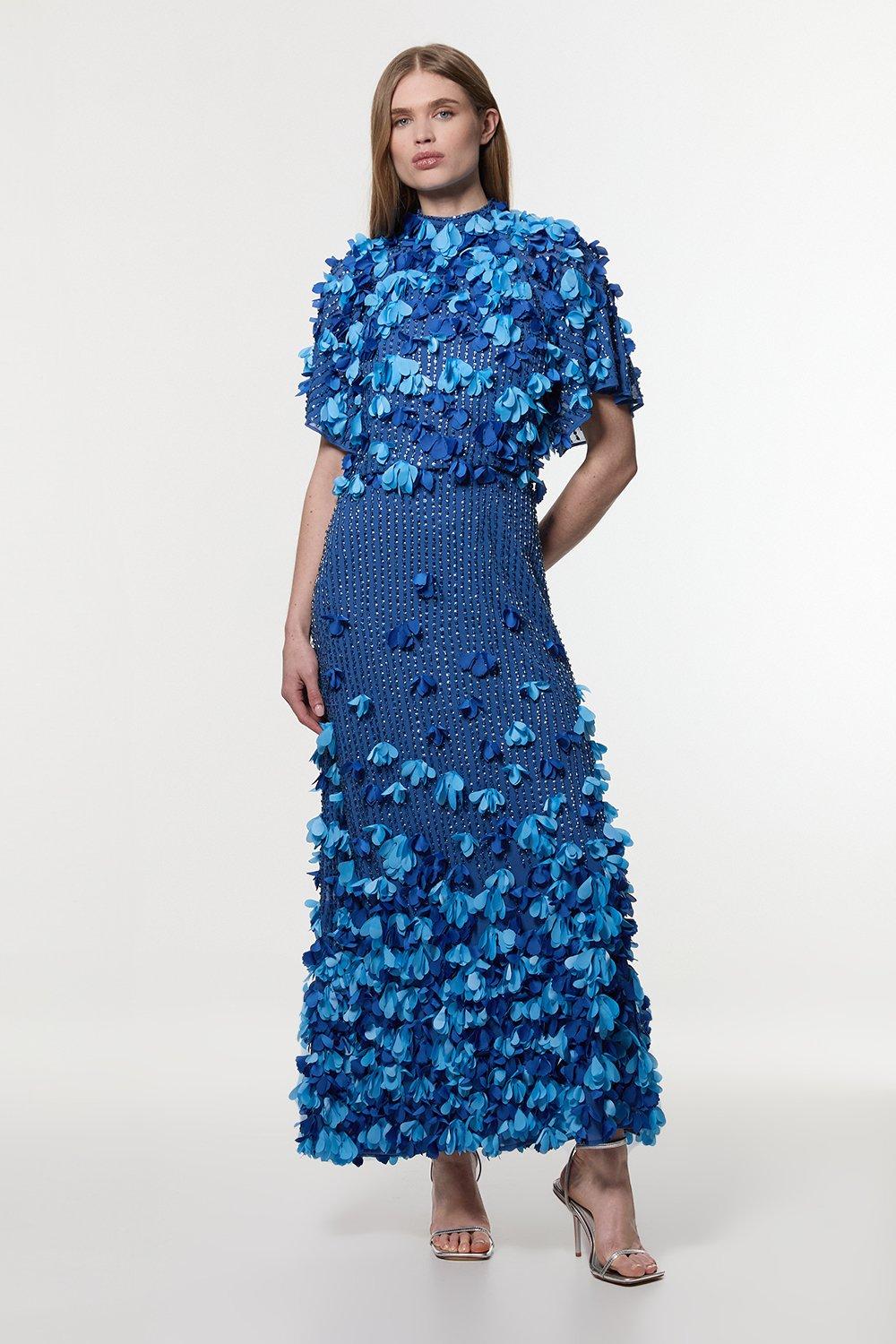 Feather Embellished Woven Long Sleeve Maxi Dress | Karen Millen