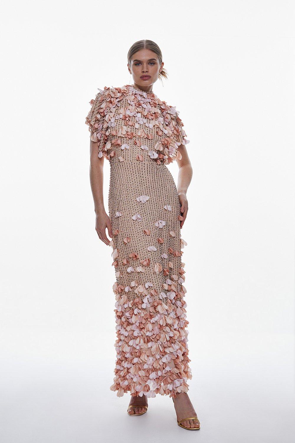 安心追跡【KAREN MILLEN】フリルフロントマキシドレス Metallic Taffeta One Shoulder Ruffle Full Skirt Tailored