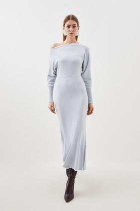 Knitted Balloon Sleeve Belted Midi Dress