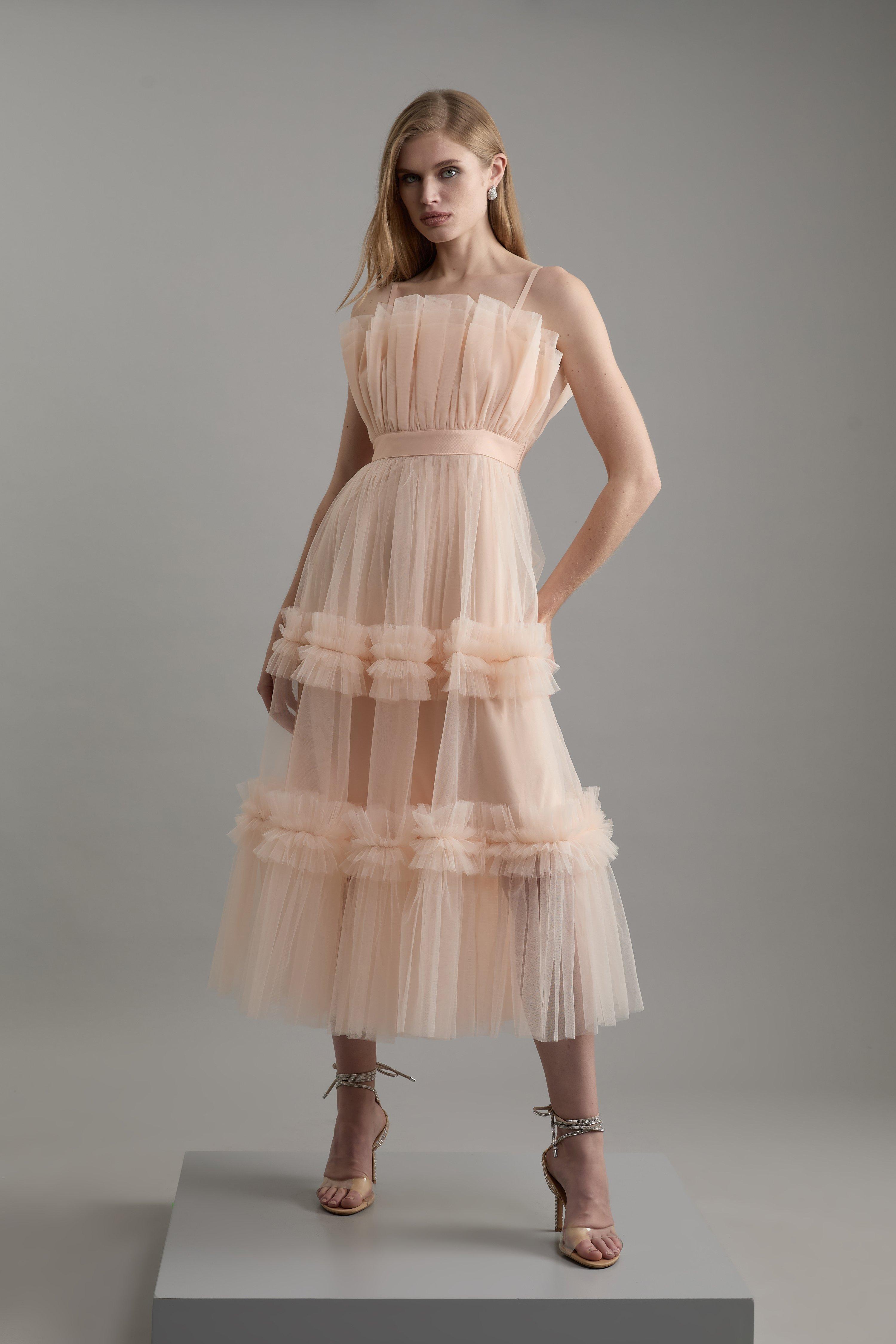 Tulle Tie Straps Plunge Woven Midi Dress | Karen Millen Tulle Tie Straps Plunge Woven Midi Dress | Karen Millen