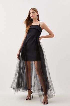 Romantic Corded Lace & Tulle Maxi Slip in Black