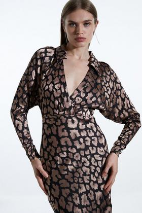 Brown Leopard Print Mesh Long Sleeve Midi Dress