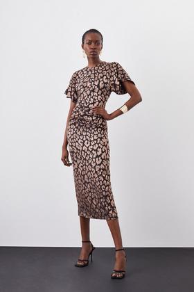 Animal Printed Mesh Bandeau Jersey Midi Dress