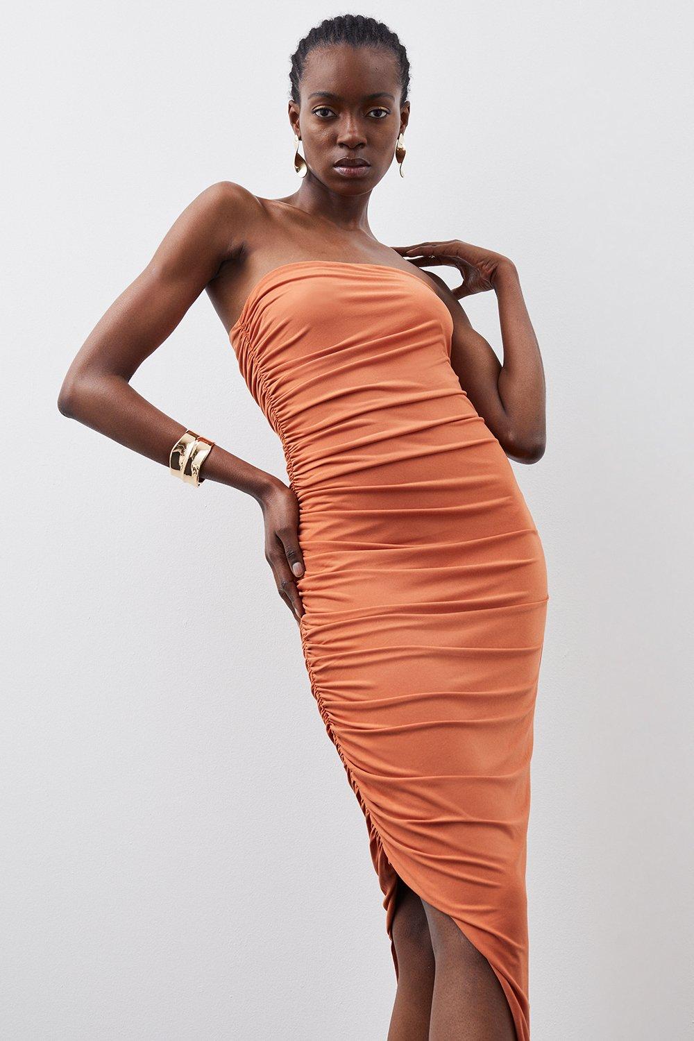 Orange ruched hotsell midi dress