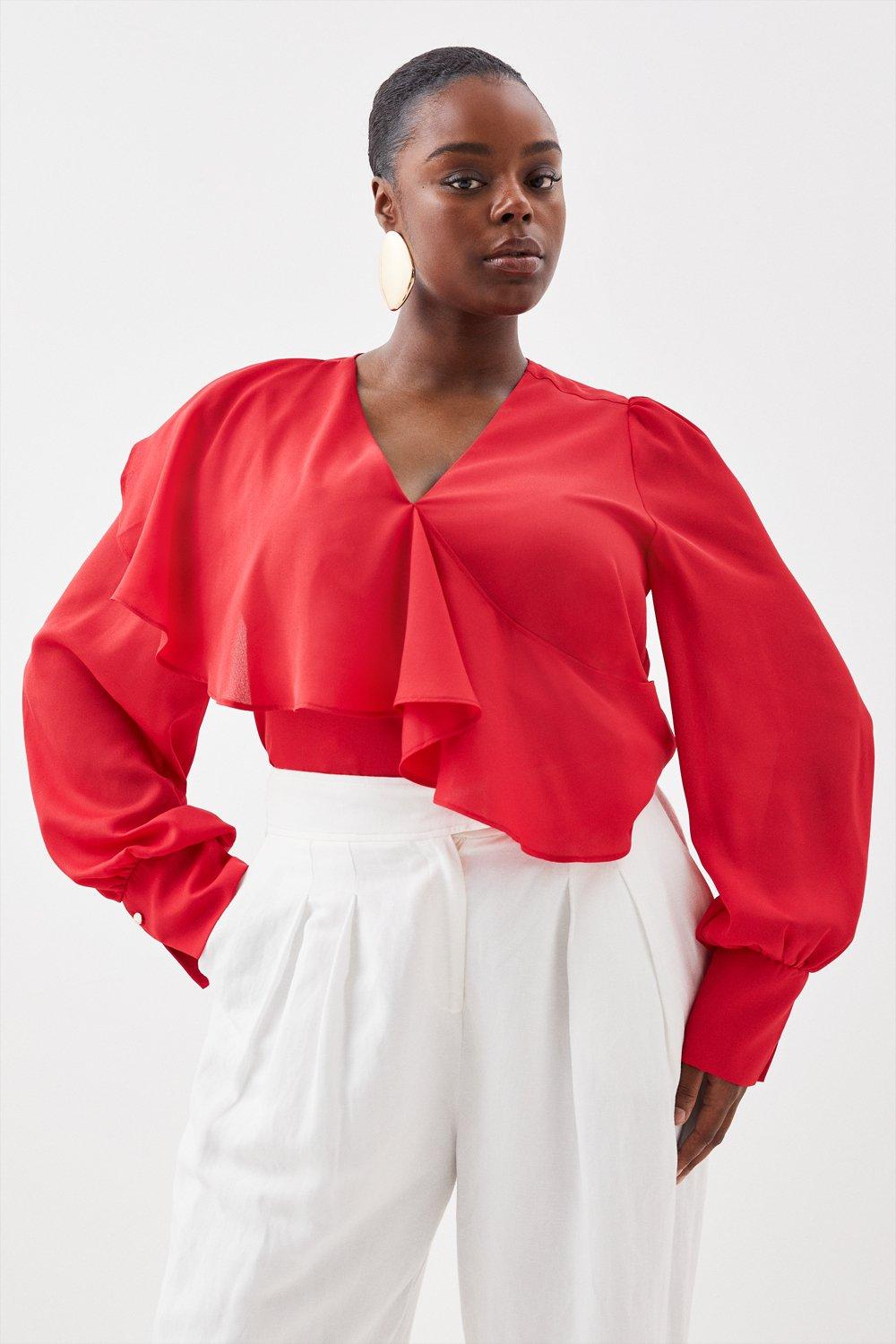 Red blouse store with ruffle sleeves