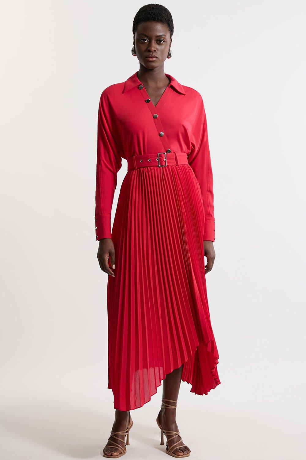 Embellished Long Sleeve Pleated Woven Midi Dress Karen Millen