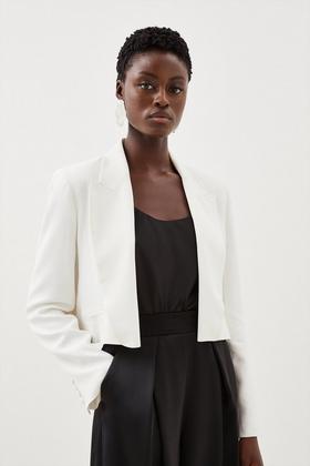 The Long Collarless Blazer in Fluid Crepe