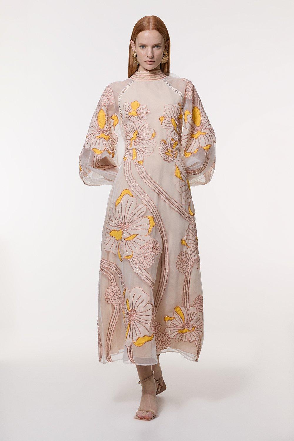 Pleated Floral Bodice Detail Woven Maxi Dress | Karen Millen