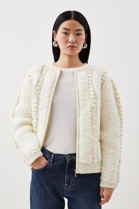 Textured Knit Puffer Jacket - Cream