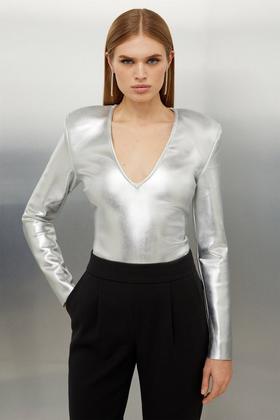 Slash Neck Sequin Crop Top | Karen Millen