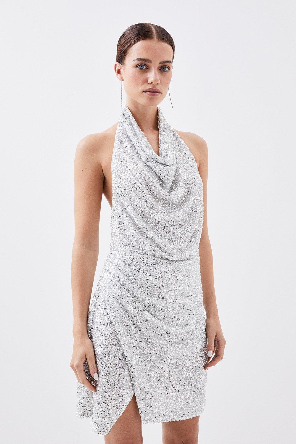 Silver sequin cowl neck outlet tassel hem midi dress