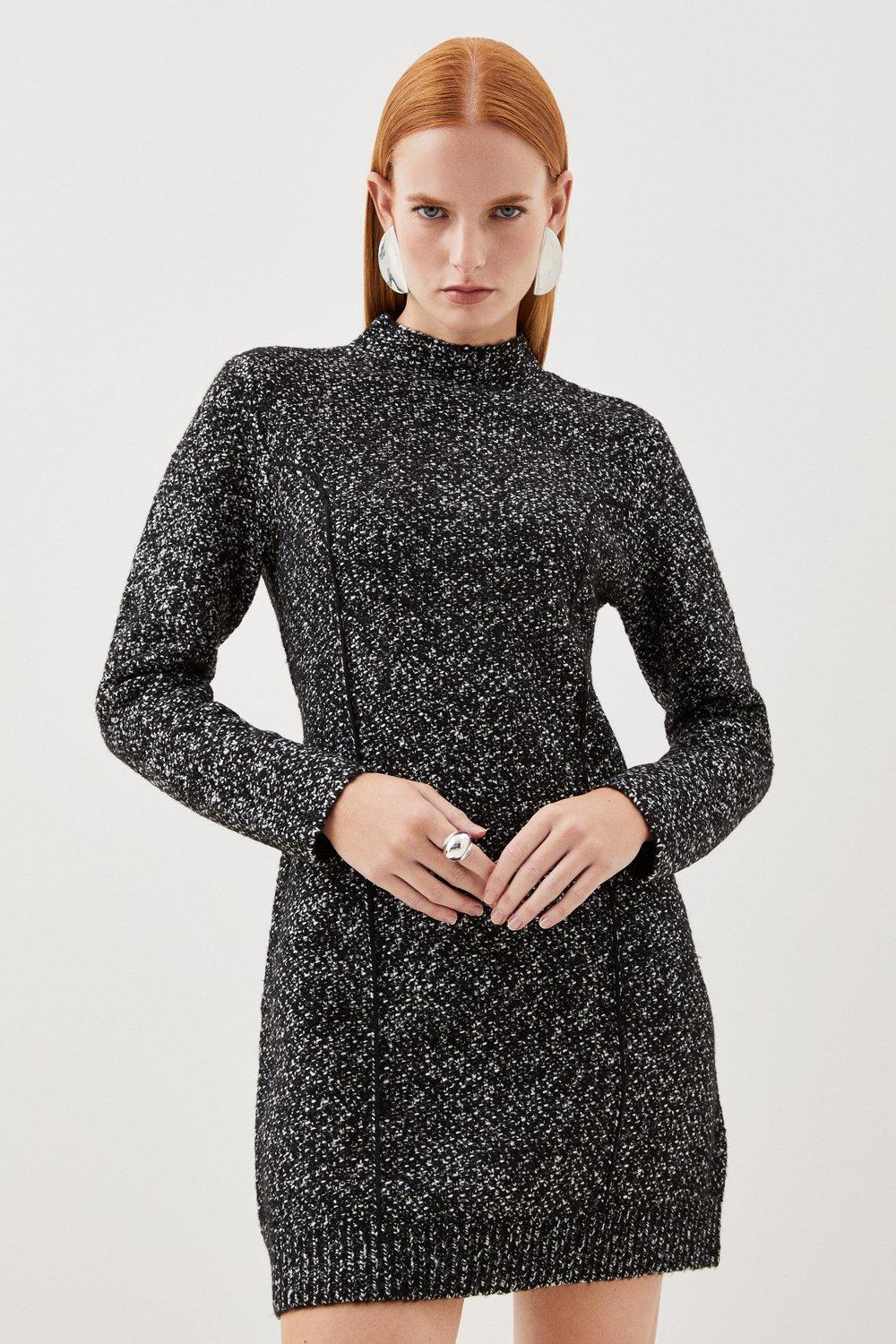 Feather Hem Mono Print Knit Mini Dress | Karen Millen