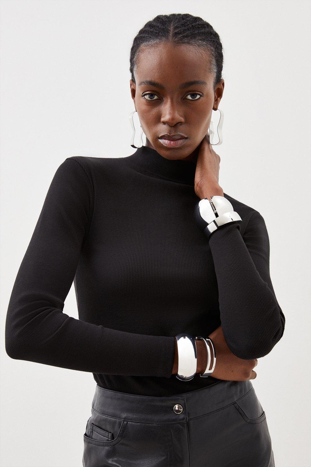 Figure Form Bandage Sharp Shoulder Collared Knit Top | Karen