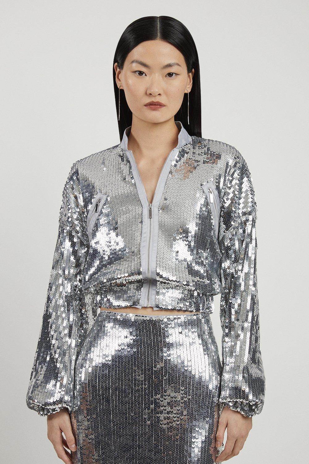 Metallic Denim Woven Bomber Jacket | Karen Millen