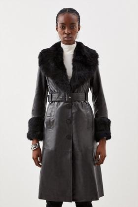 Petite Italian Manteco Wool Pu Contrast Detail Belted Coat