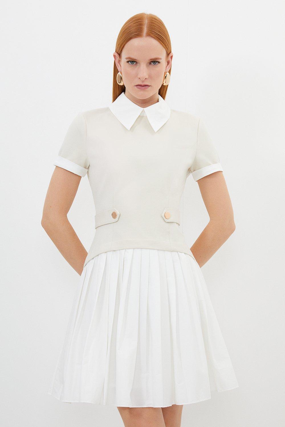 Karen Millen☆ゴールドクラスプ付きテクノコットン Techno Cotton Woven Short Shirt Dress With Gold Clasp