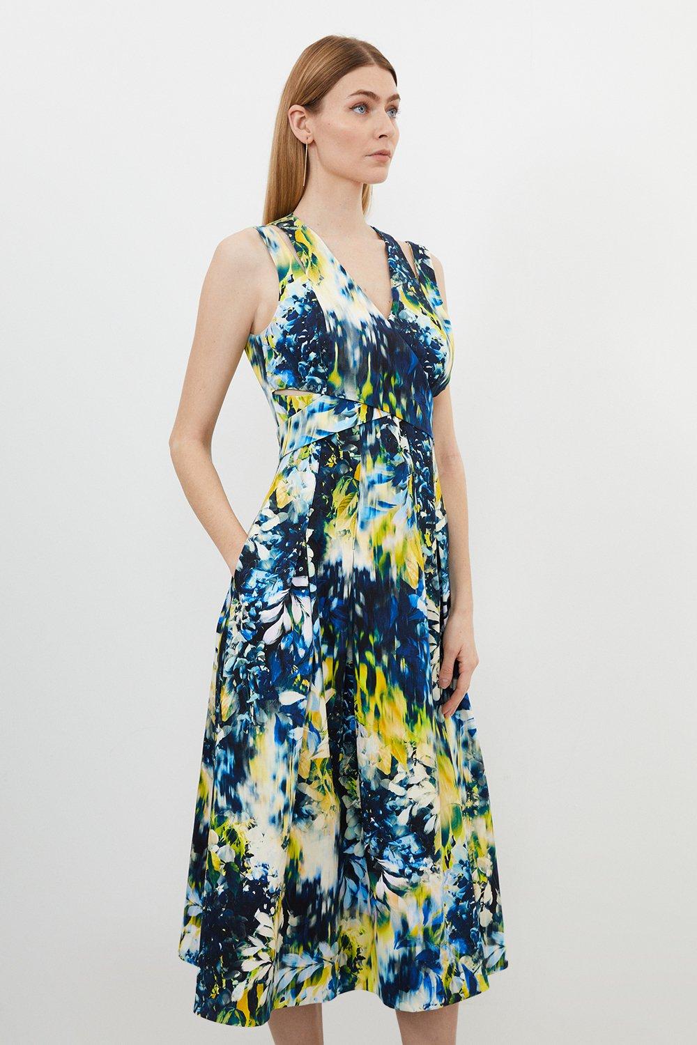 Karen millen yellow outlet pleated floral midi dress