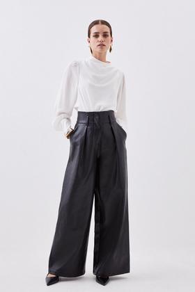 Petite Compact Stretch Belted Wide Leg Pants