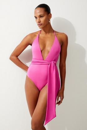 Slinky Wrap Front Belted Swimsuit | Karen Millen