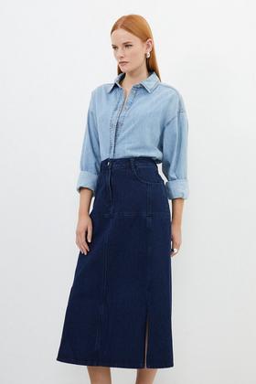 Contrast Stitch Detail Corset Waist Denim Midi Skirt