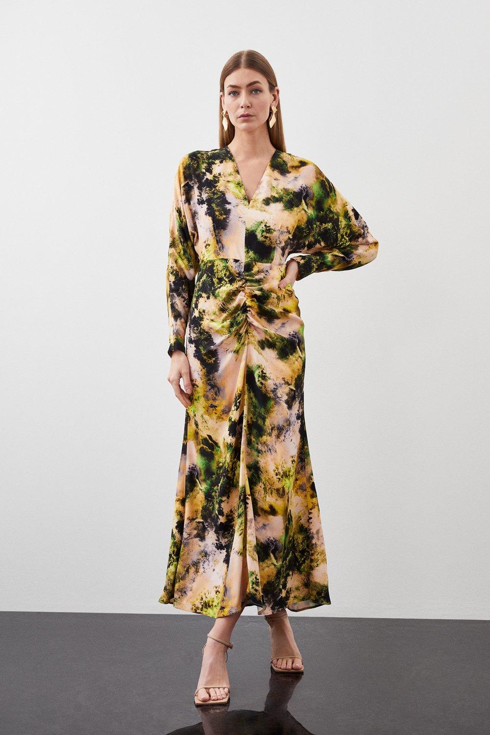 Karen millen yellow clearance pleated floral midi dress