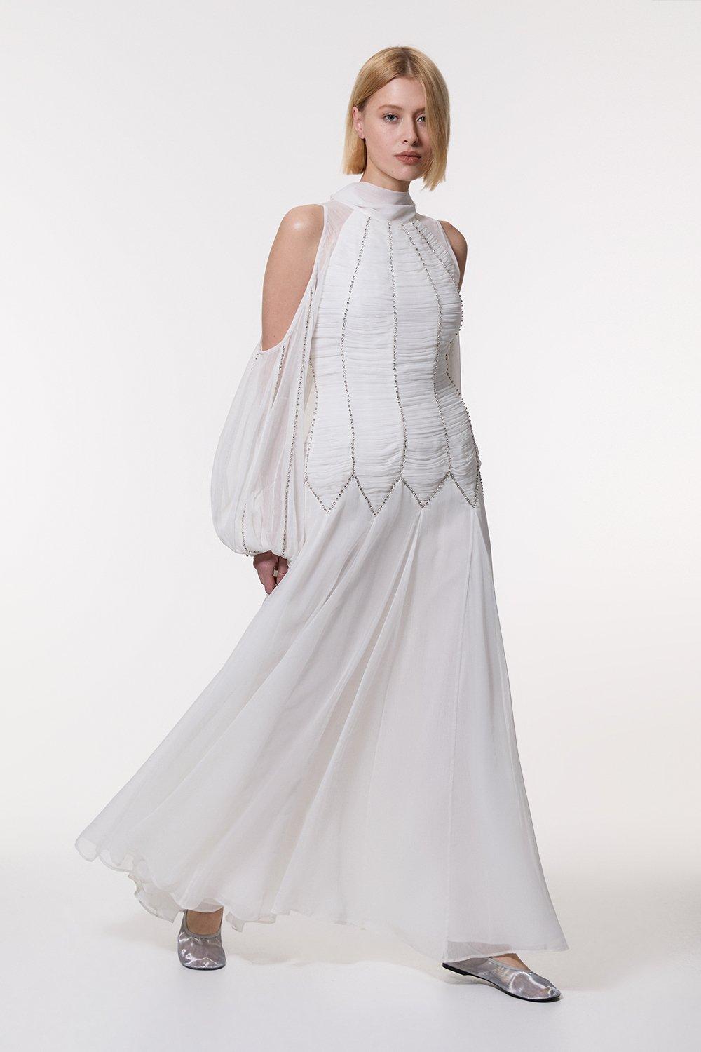 Structured Crepe Jacquard Ruffle Off The Shoulder Maxi Dress