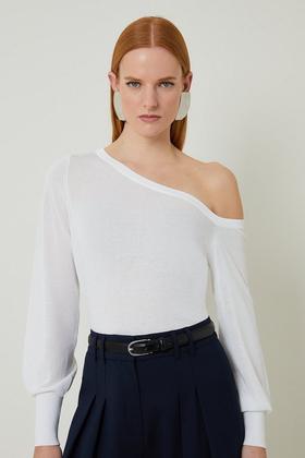 Premium Viscose Blend Body Contouring Foiled Knit Off The Shoulder Thong  Bodysuit