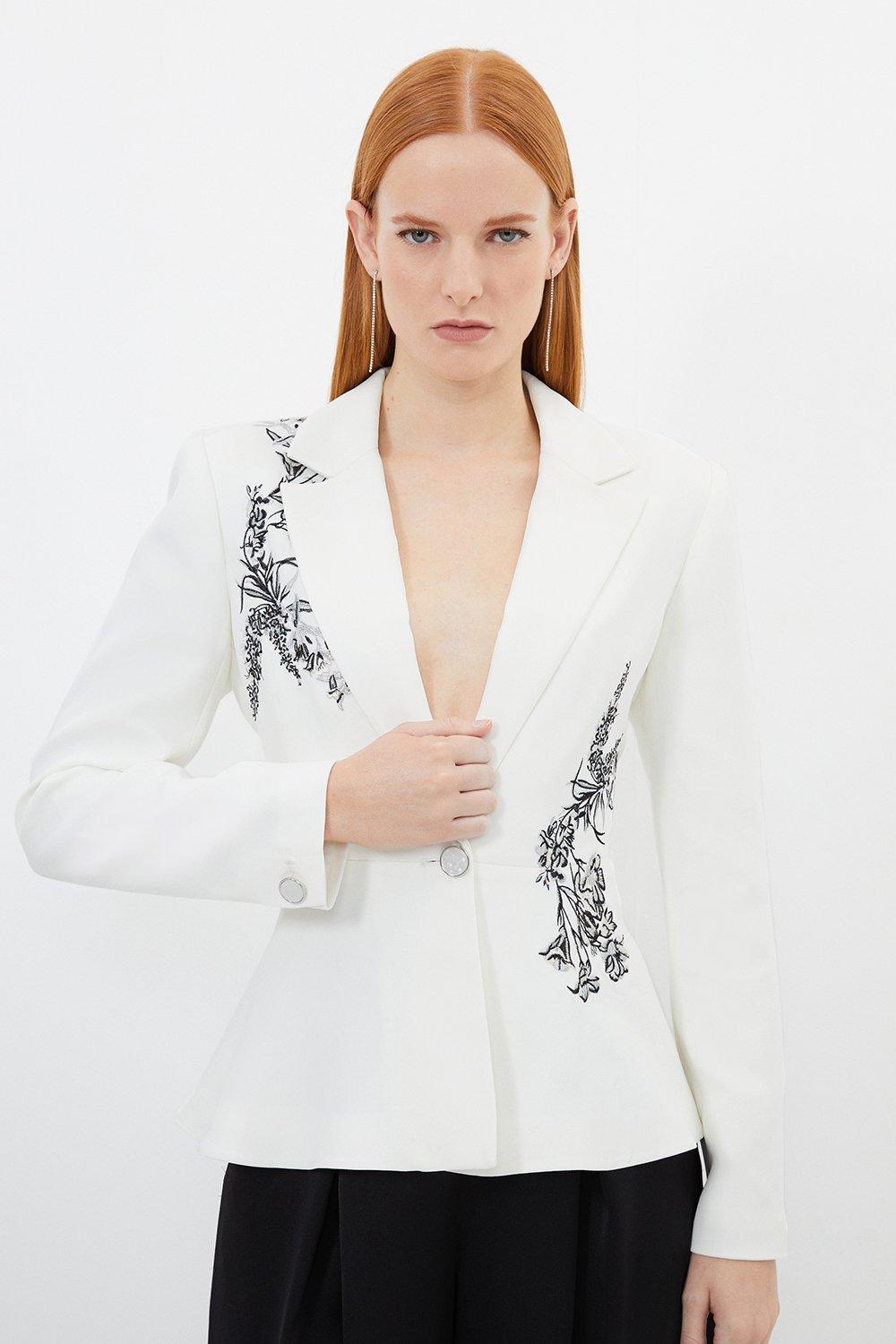 Petite Floral Applique Woven Cropped Blazer Karen Millen