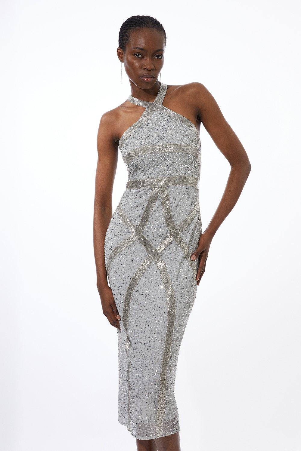 Petite Foiled Bandage Corset Detail Knit Midi Dress | Karen Petite Foiled Bandage Corset Detail Knit Midi Dress | Karen