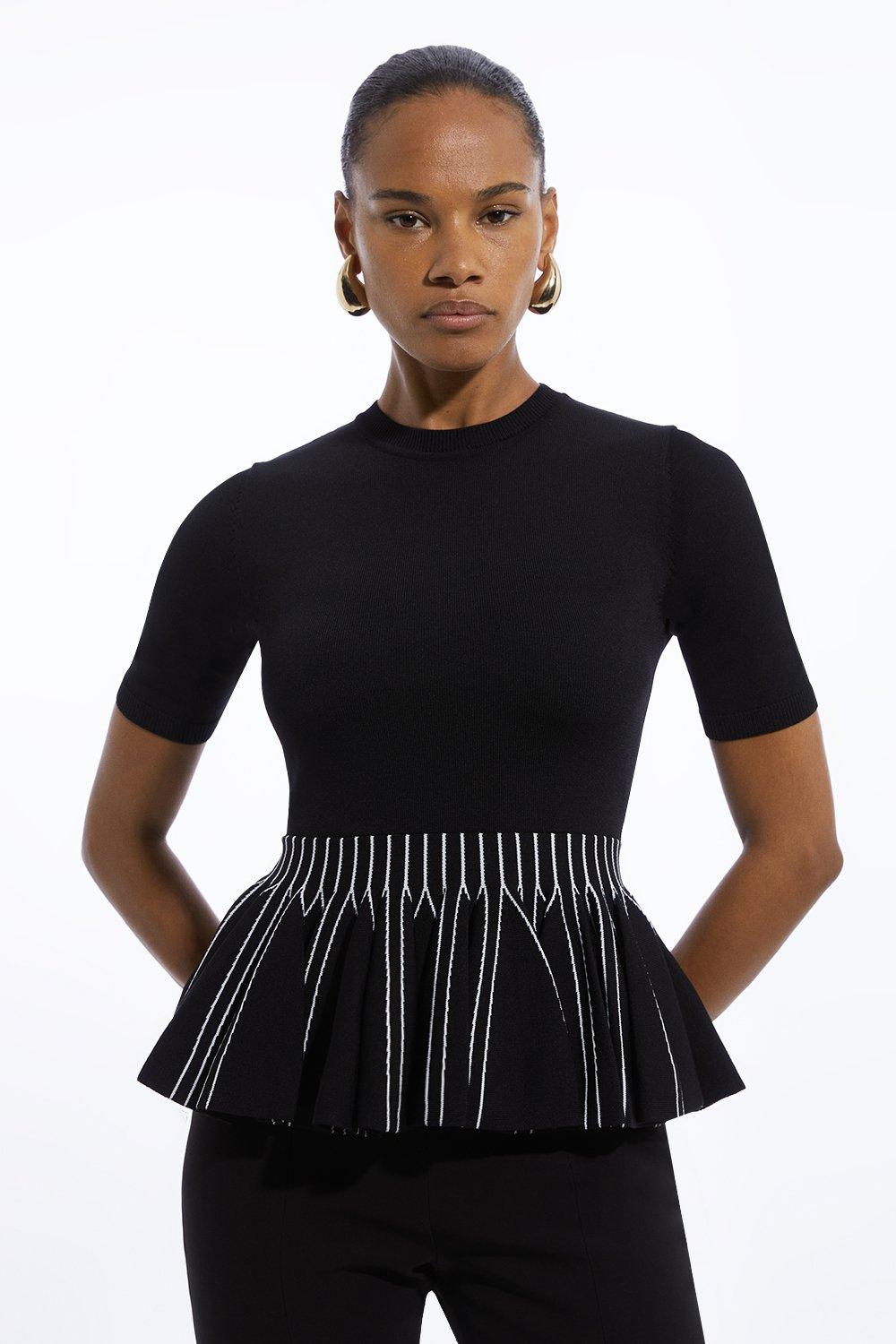 Rib Knit Viscose Blend Military Trim Striped Top | Karen Millen Rib Knit Viscose Blend Military Trim Striped Top | Karen Millen
